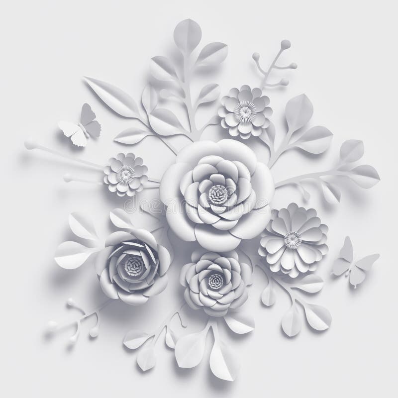 3d render, white paper flowers, floral bouquet, botanical background, paper craft. 3d render, white paper flowers, floral bouquet, botanical background, paper craft